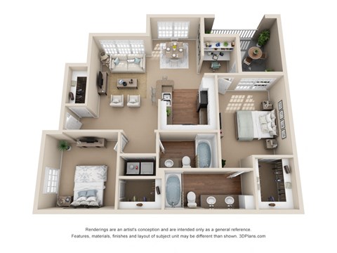 Floor plan for 2 beds, 2 baths, 1119 sqft